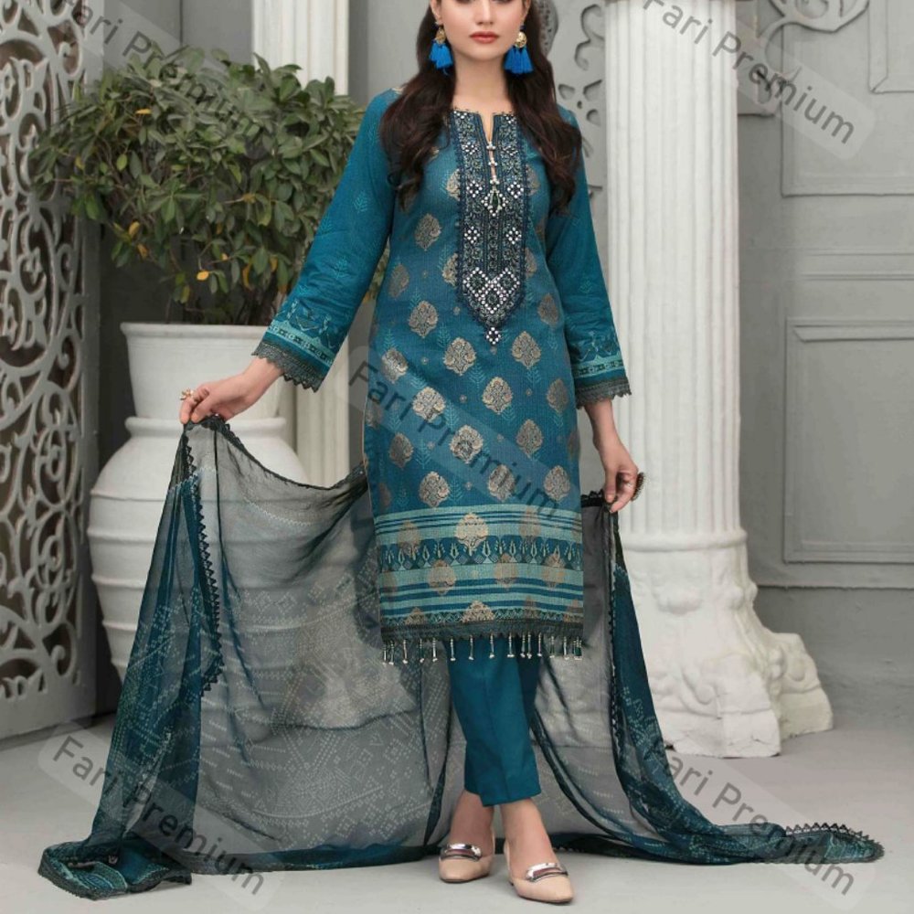 3PC Embroidered Banarsi Cotton Chiffon Shalwar Kameez Suit Pakistani/Indian M/38